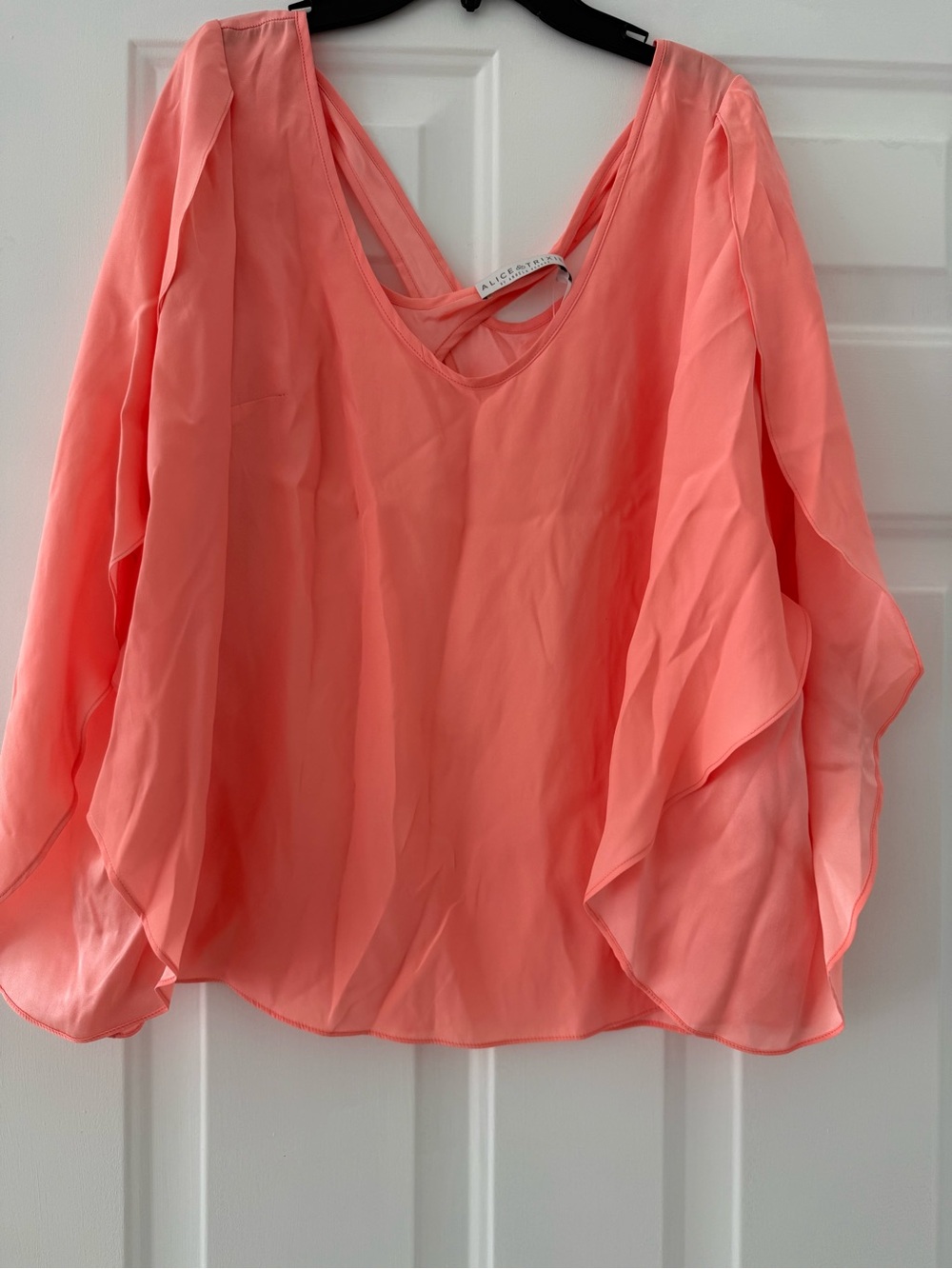 Alice & Trixie SILK Coral Pink Sheer V-Neck Flutter Sleeve Blouse